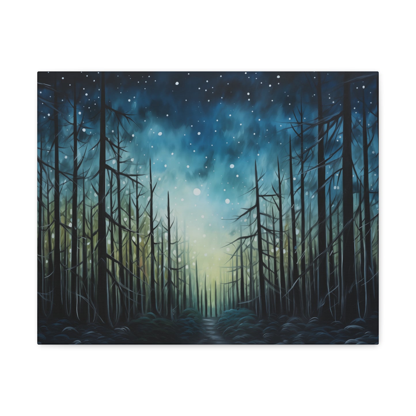 A dark forest under a twilight sky